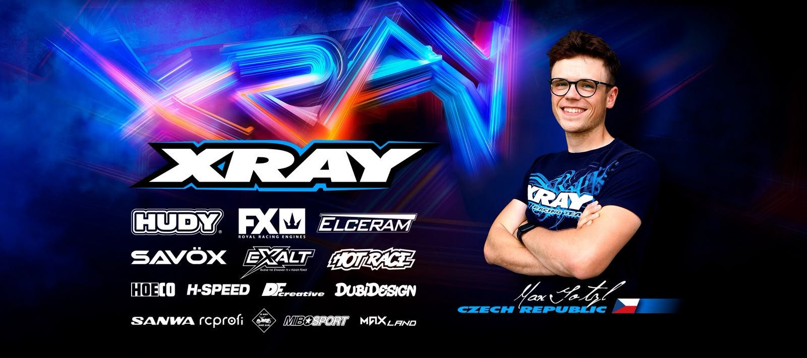 Max Götzl 2026 sponsors: XRAY, HUDY, FX Engines, ELCERAM, SAVÖX, Exalt, HotRace, HOECO, H-Speed, DFcreative, DubiDesign, SANWA, Mibosport, RCprofi, MaxLand, RCDJ - RC Divoké Jelení
